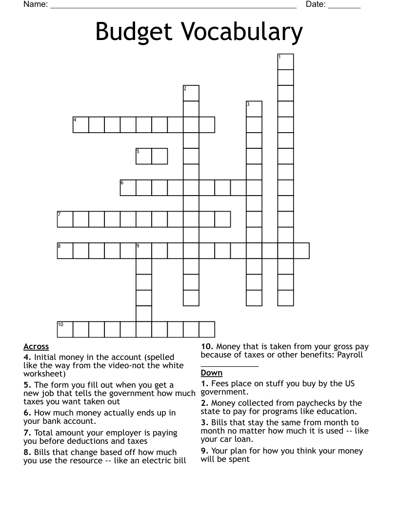 Budget Vocabulary Crossword WordMint