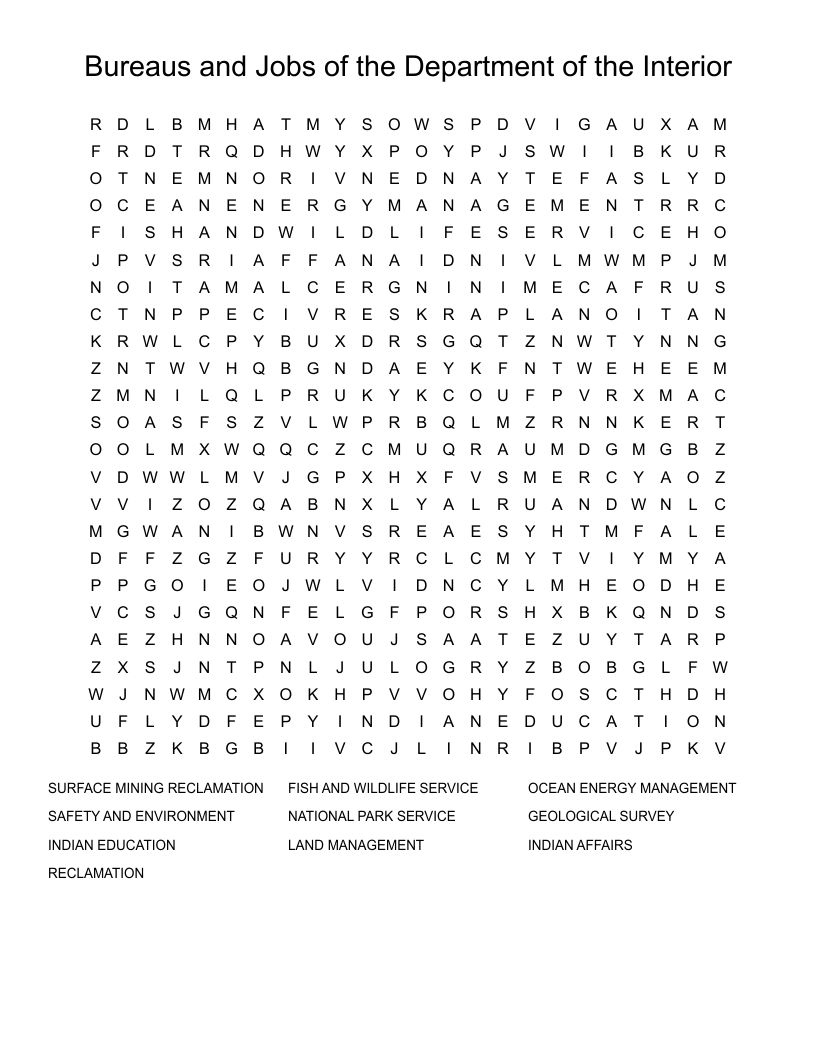 Bureaus and Jobs of the Department of the Interior Word Search