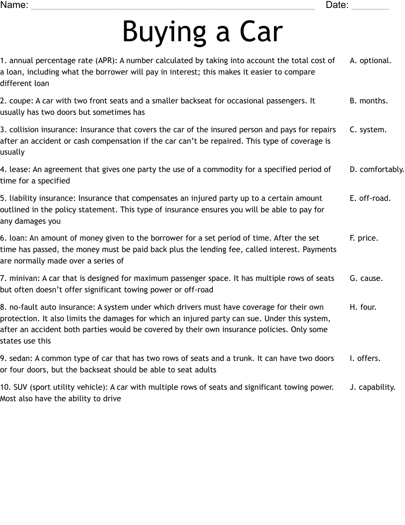 Buying a Car Worksheet - WordMint