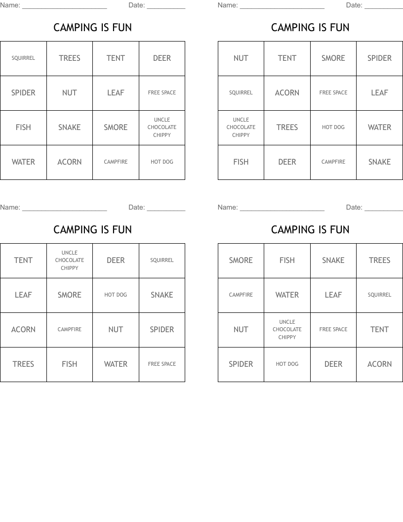 CAMPING IS FUN Bingo Cards