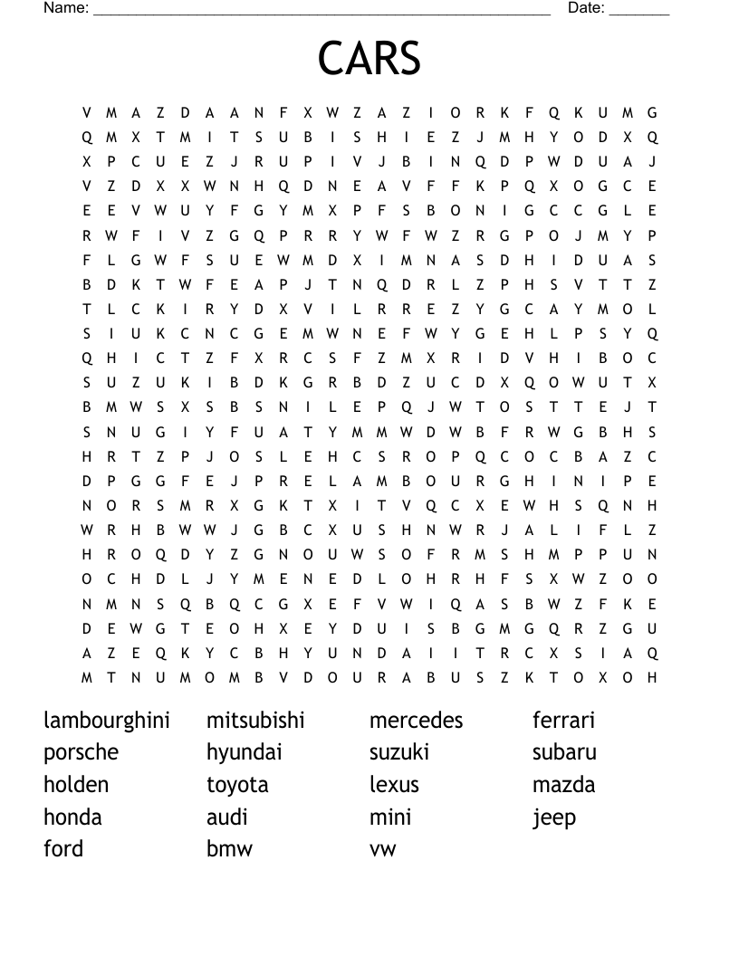 CARS Word Search WordMint