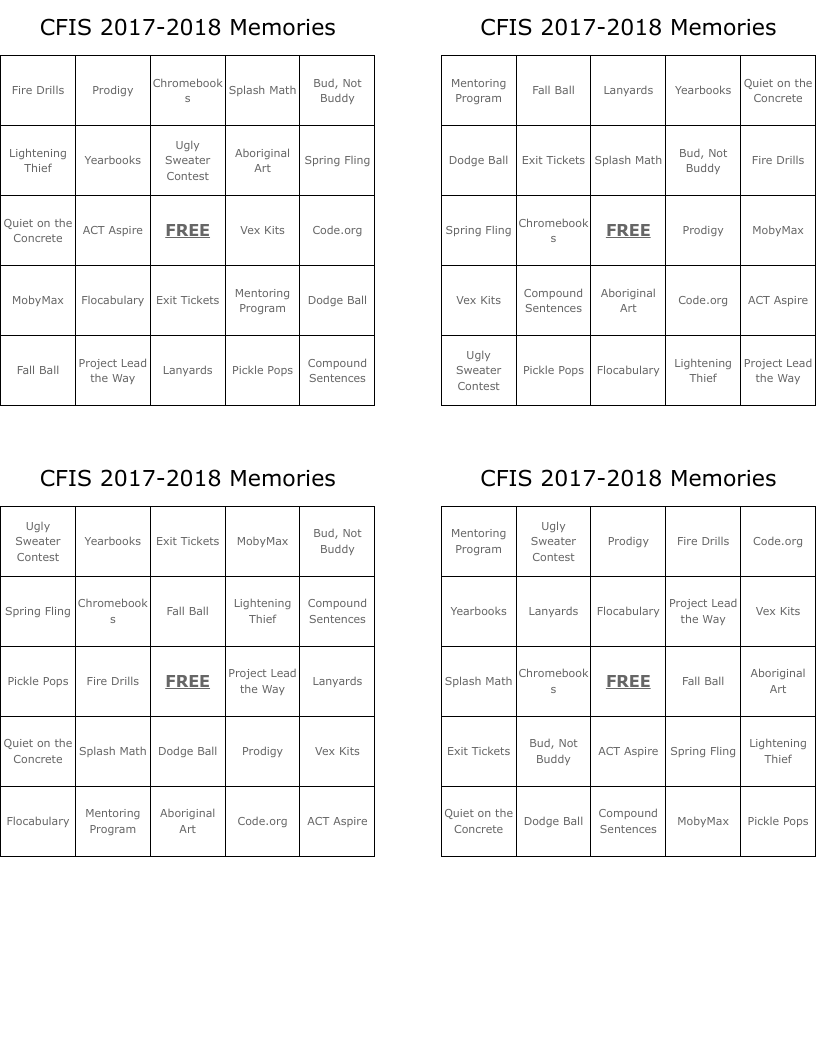 CFIS 2017-2018 Memories Bingo Cards
