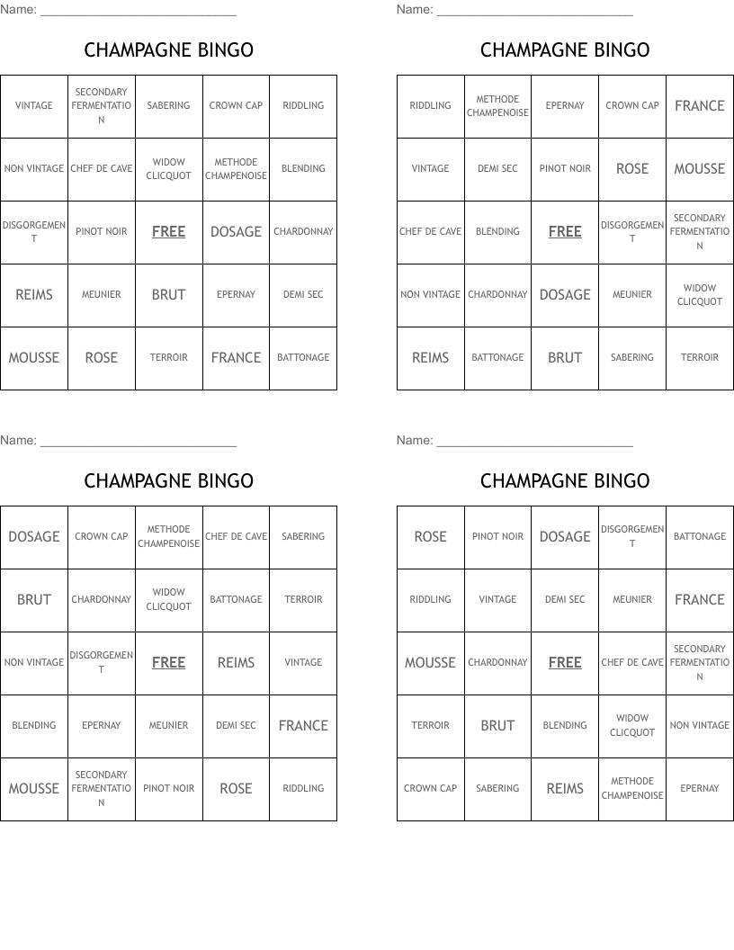 CHAMPAGNE BINGO WordMint
