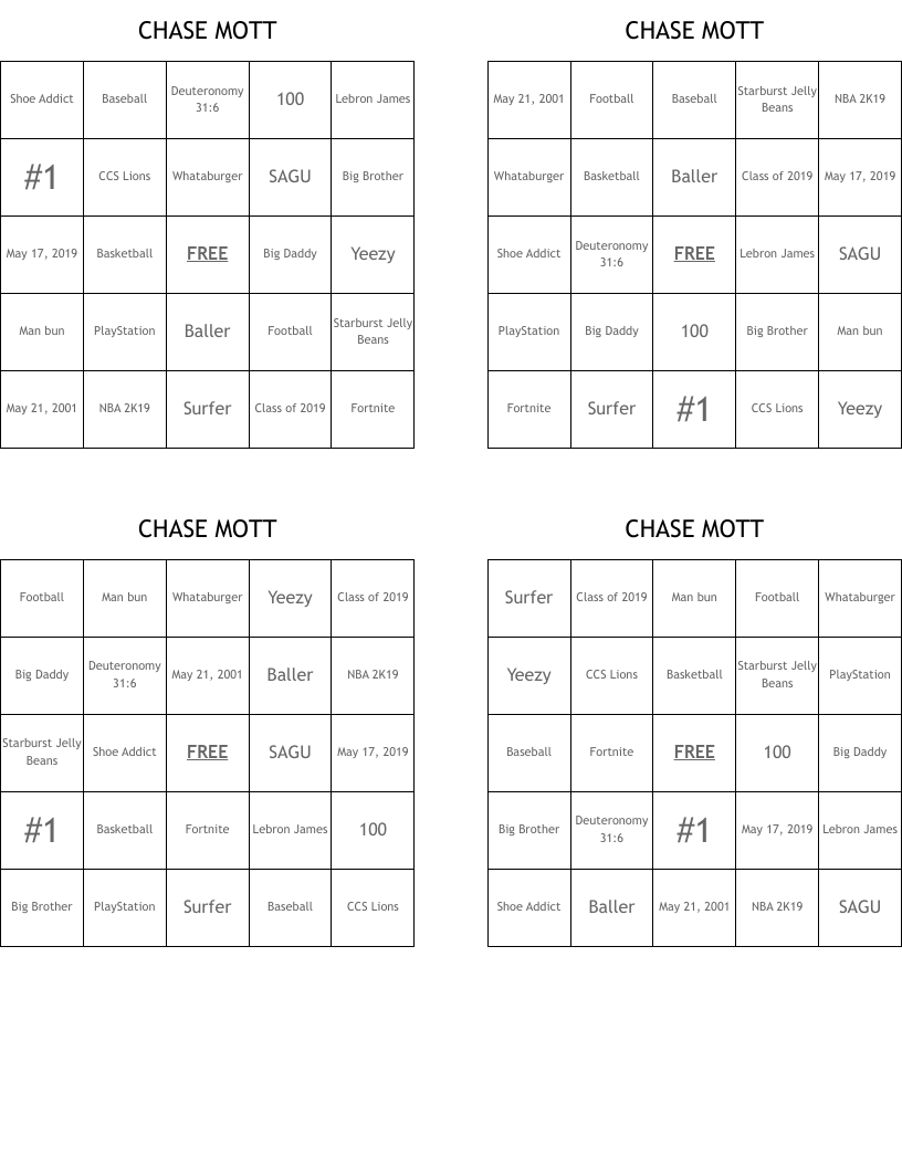 CHASE MOTT Bingo Cards