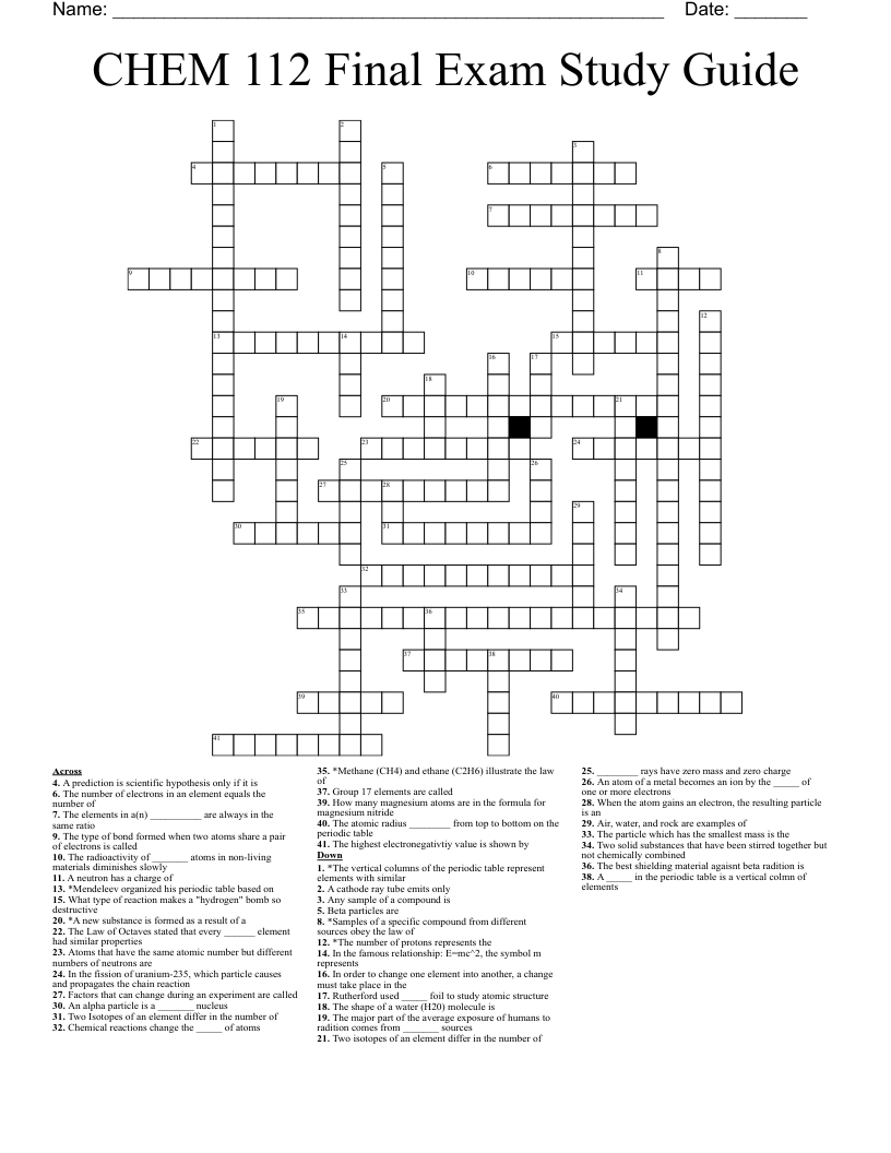 CHEM 112 Final Exam Study Guide Crossword