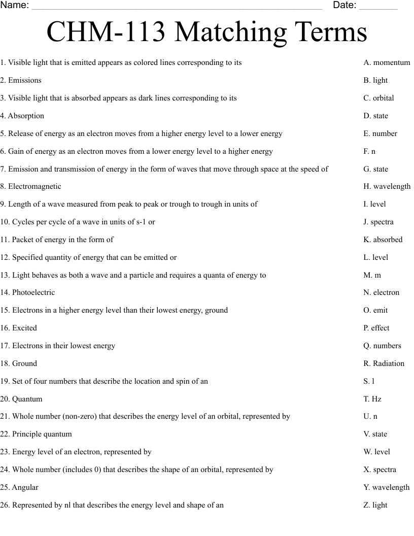 CHM-113 Matching Terms Worksheet