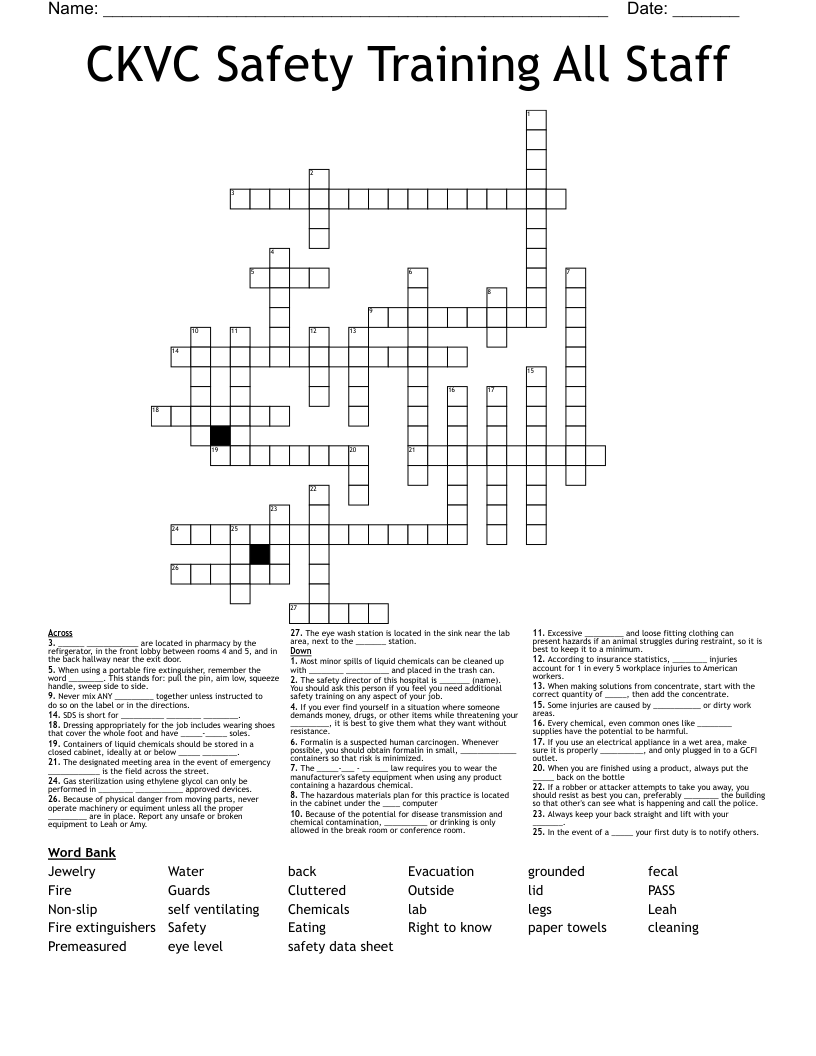 CKVC Safety Training All Staff Crossword
