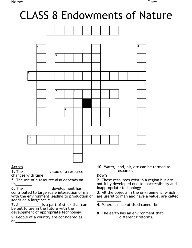 CLASS 8 Endowments of Nature Crossword