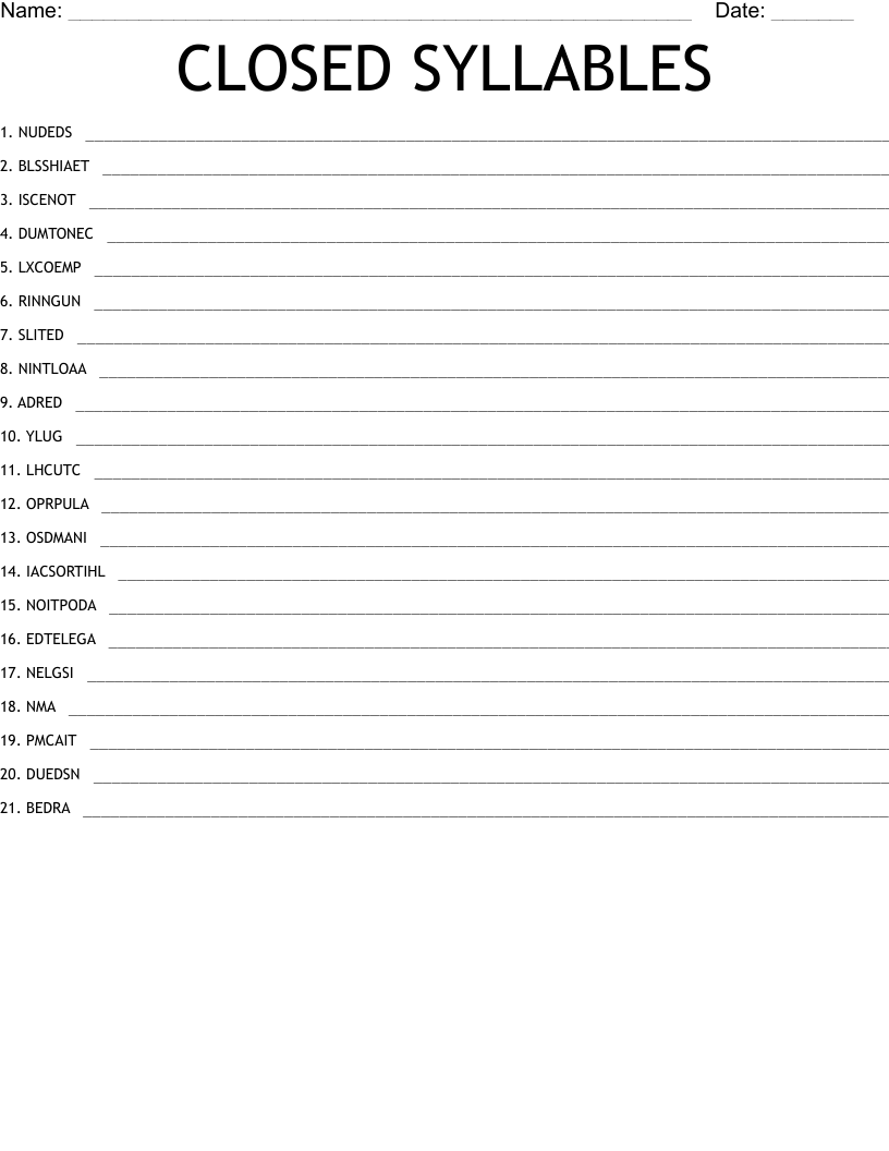 CLOSED SYLLABLES Word Scramble
