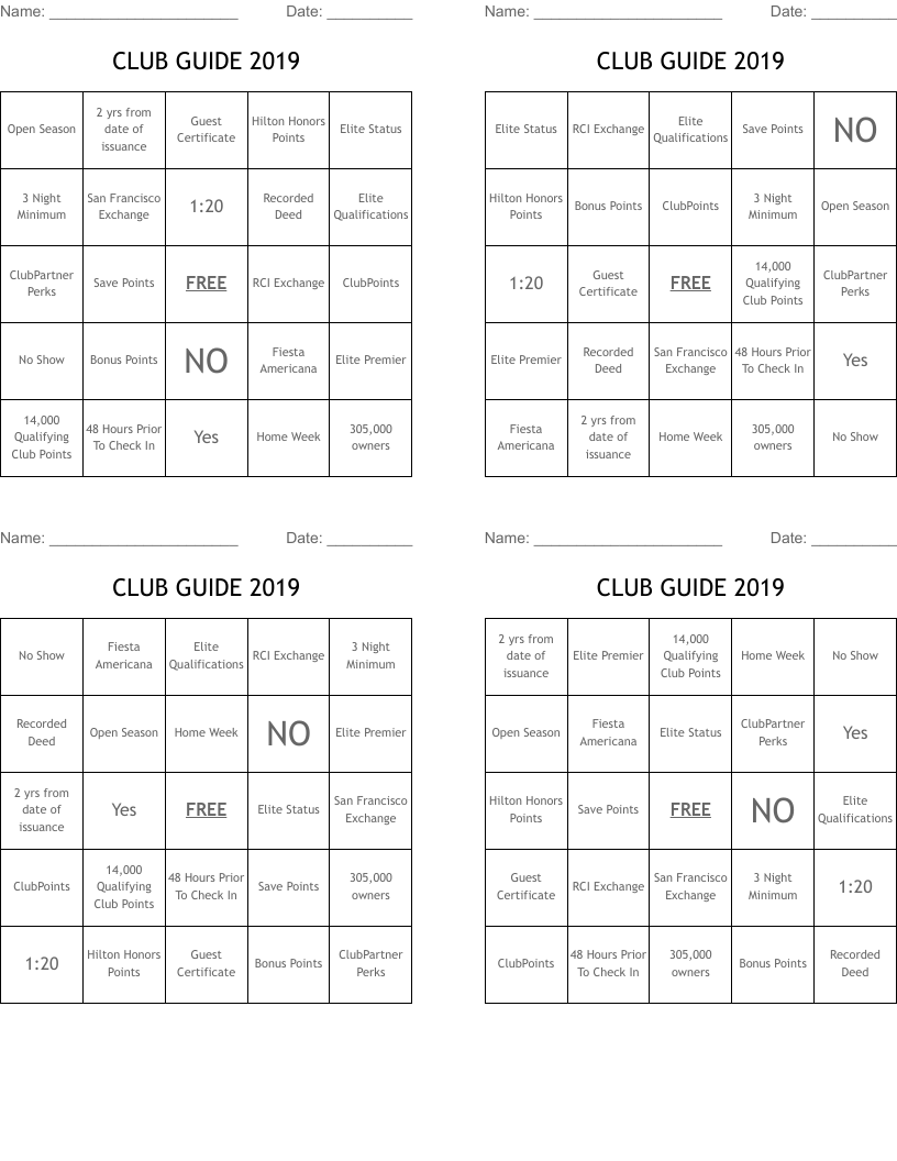 CLUB GUIDE 2019 Bingo Cards