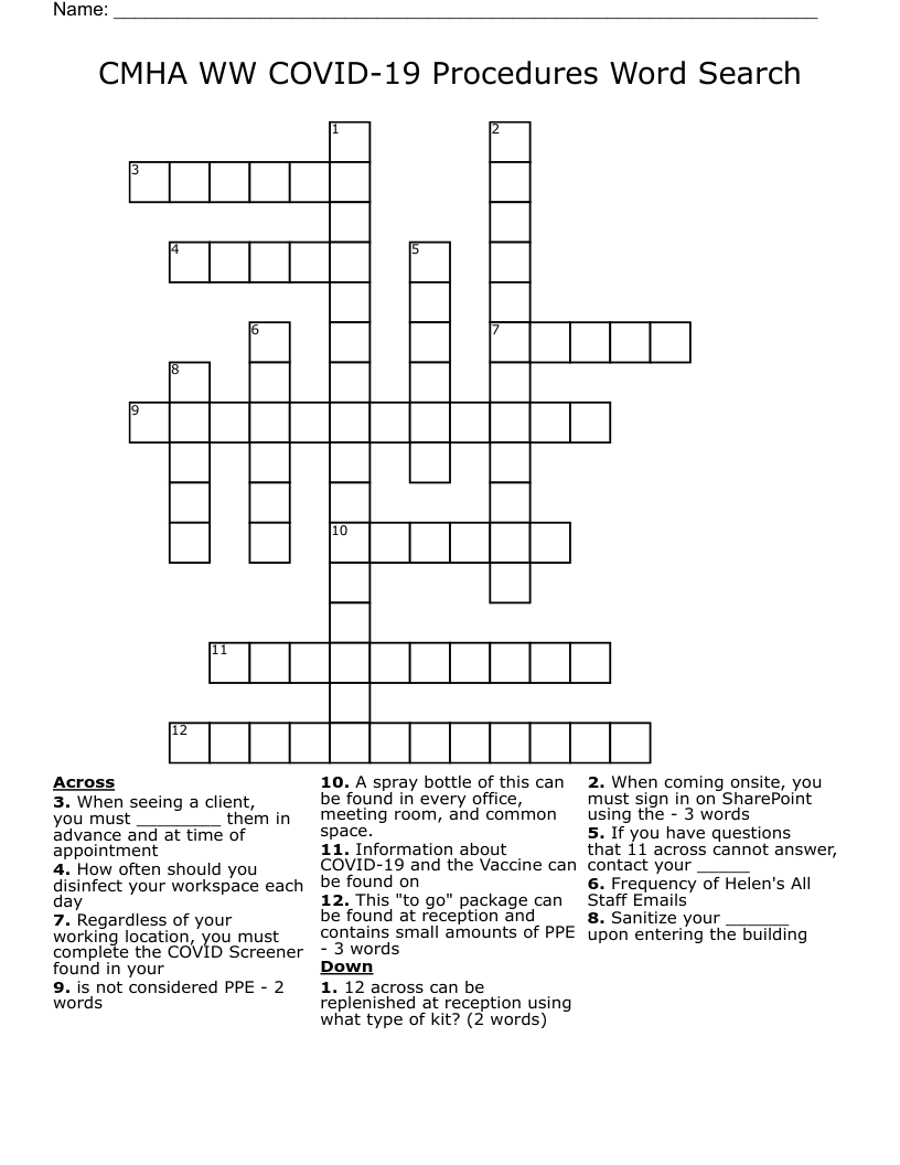 CMHA WW COVID-19 Procedures Word Search  Crossword