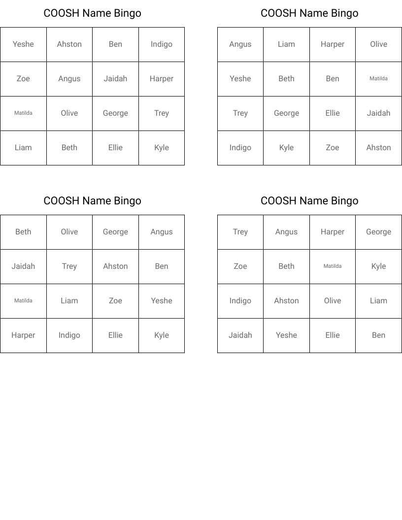 COOSH Name Bingo