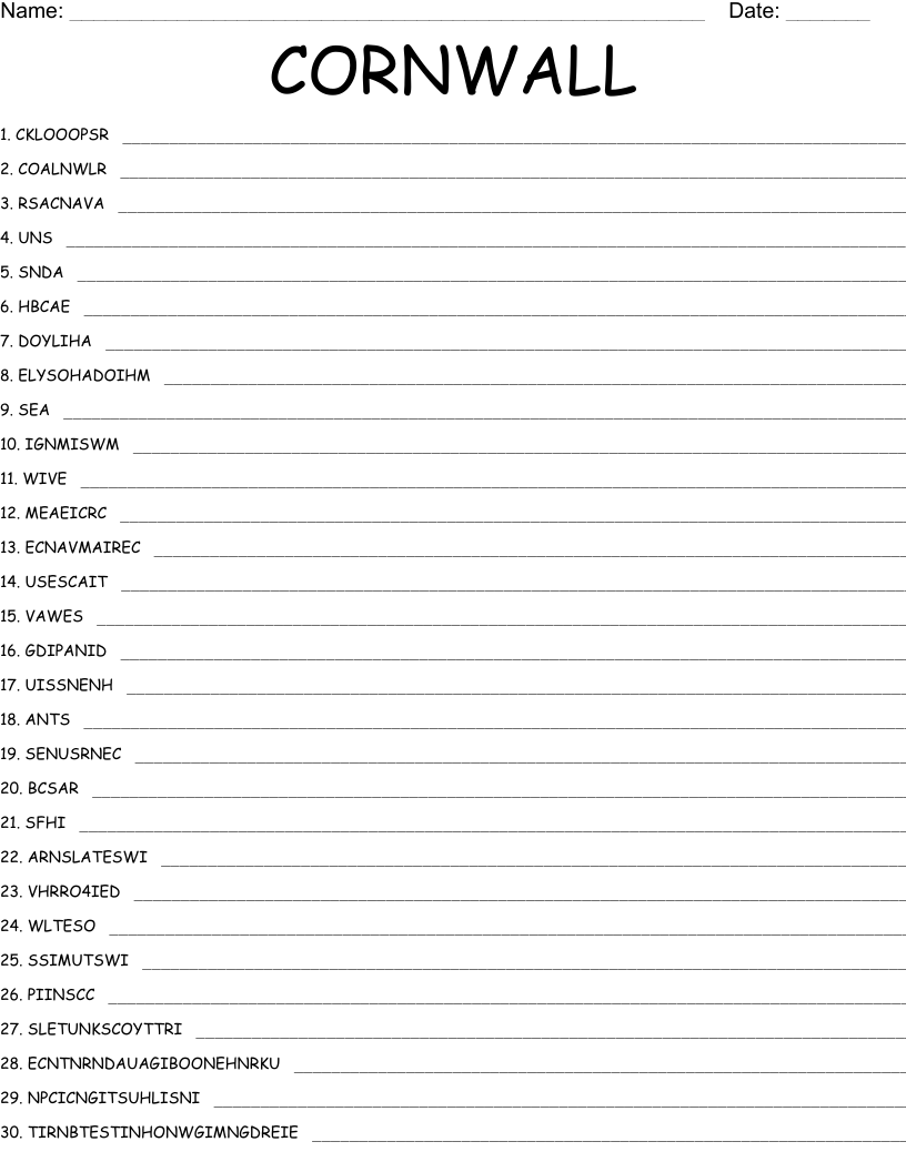 CORNWALL Word Scramble WordMint