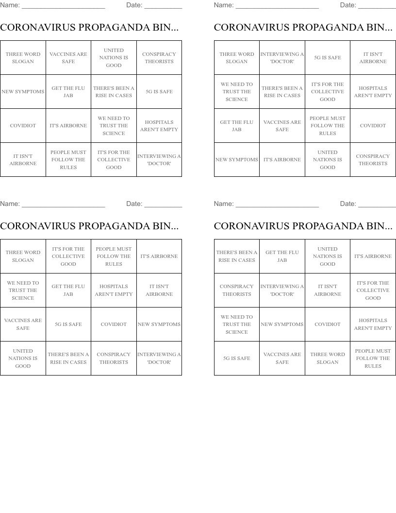 CORONAVIRUS PROPAGANDA  BINGO