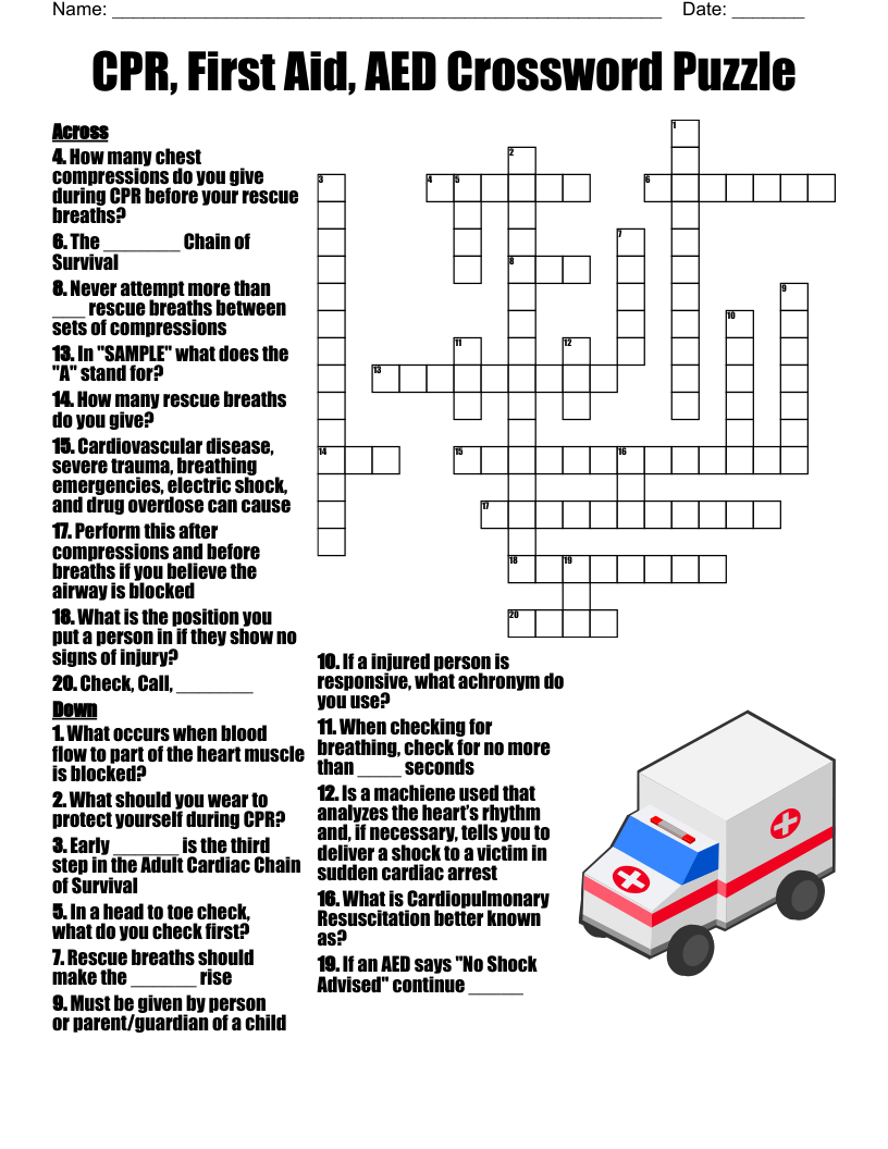 CPR, First Aid, AED Crossword Puzzle