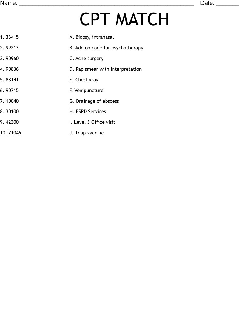 CPT MATCH Worksheet - WordMint