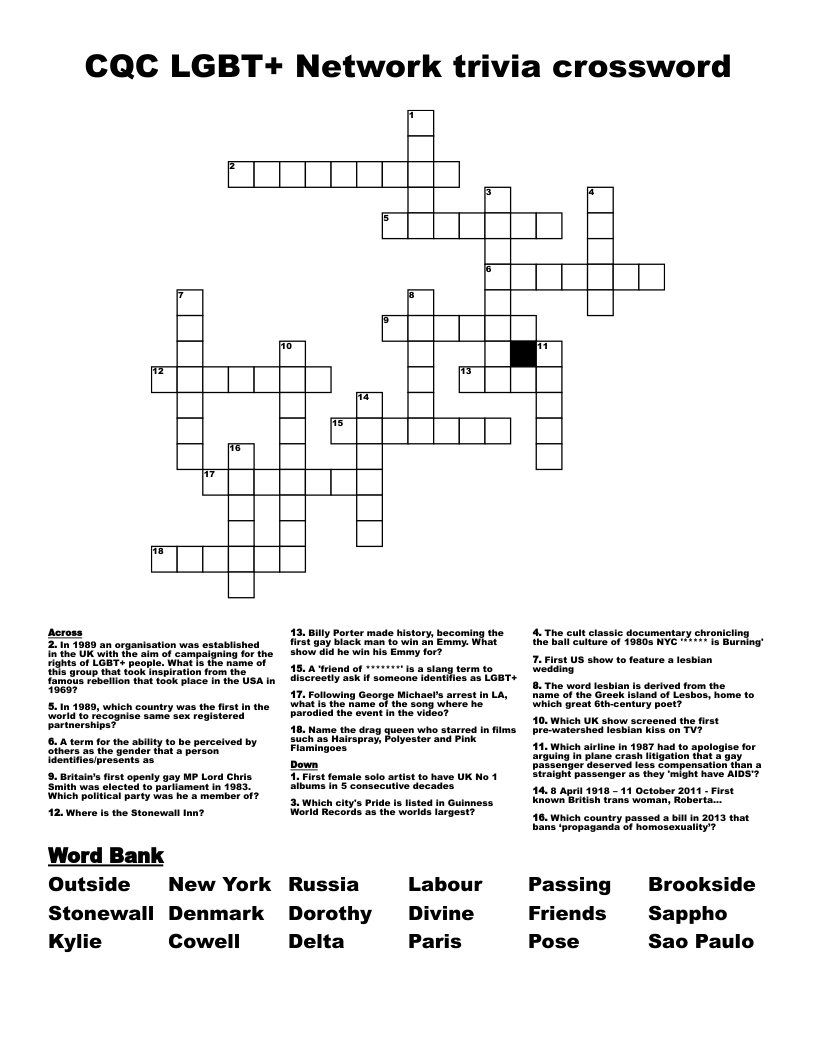 CQC LGBT+ Network trivia crossword