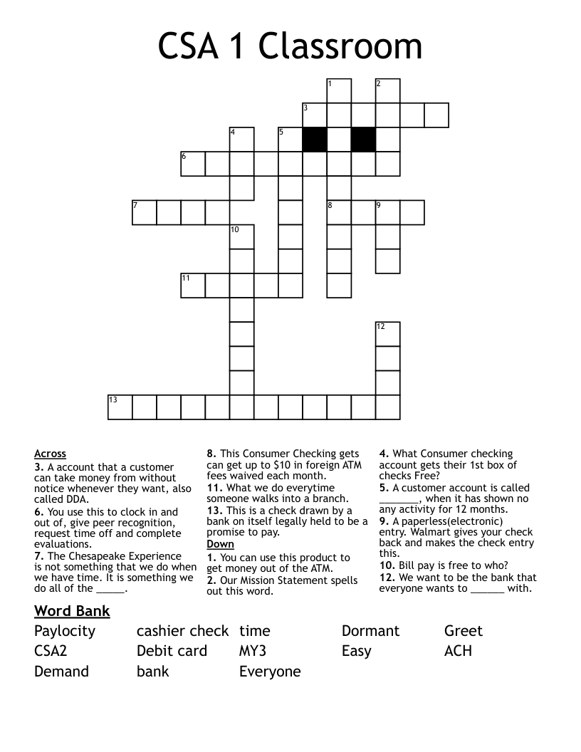 CSA 1 Classroom Crossword WordMint