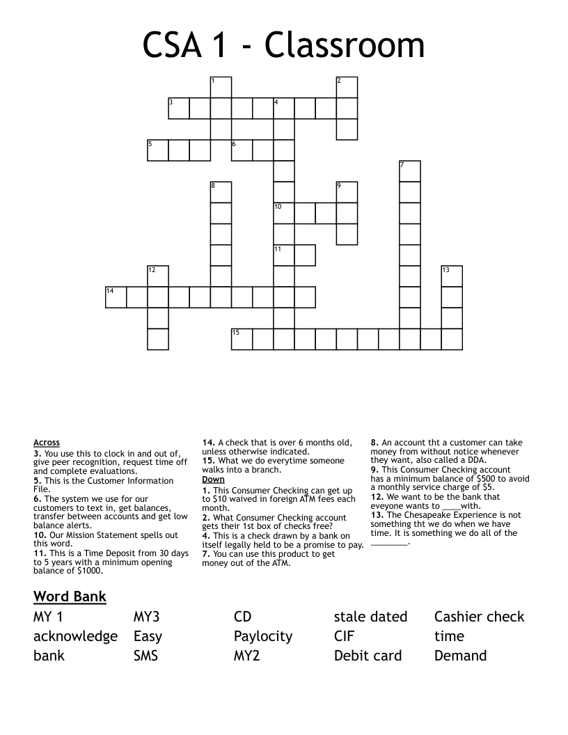CSA 1 Classroom Crossword WordMint