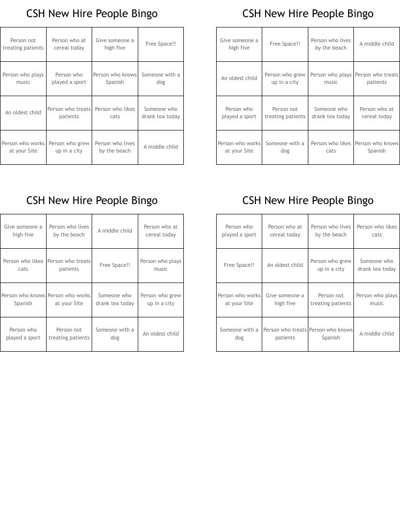 CSH New Hire People Bingo