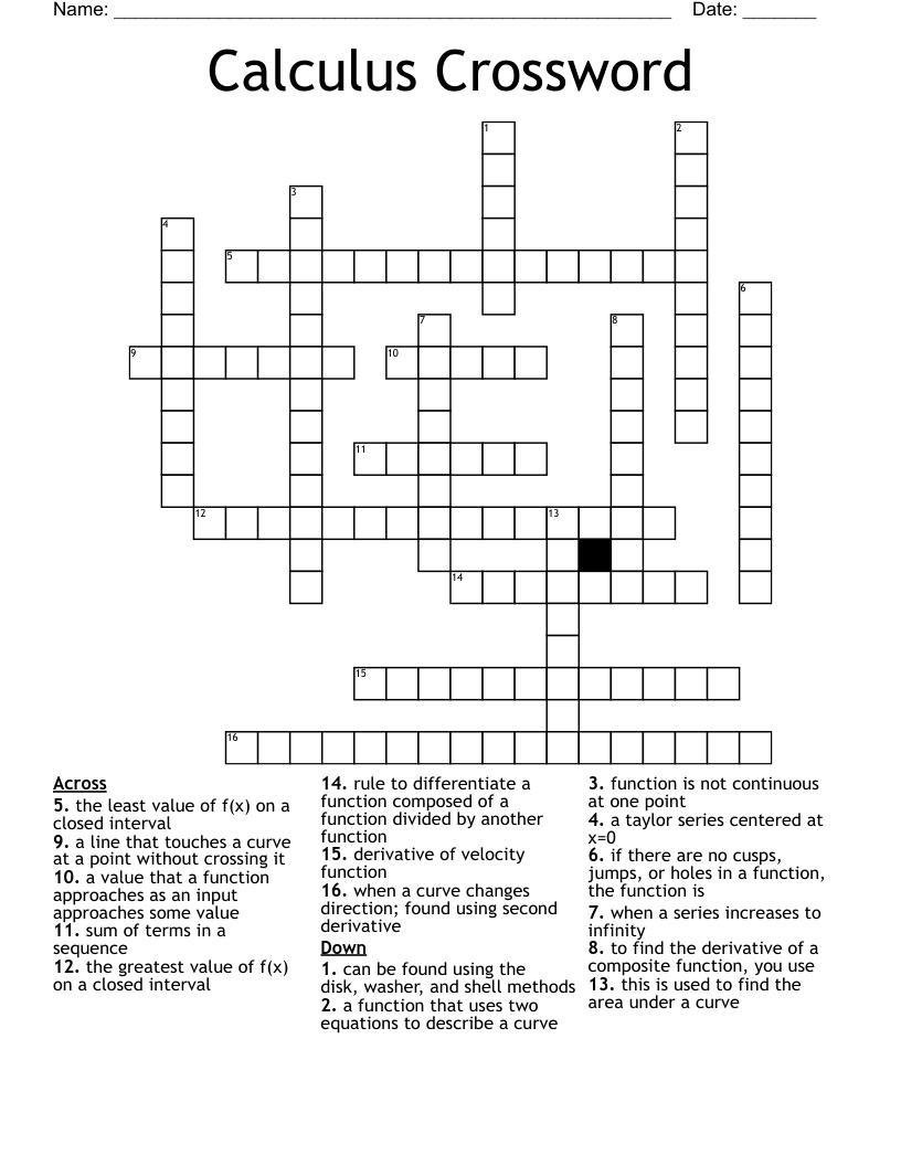 Calculus Crossword Puzzle WordMint