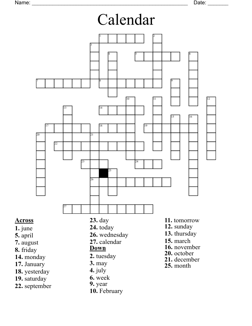 Calendar Crossword - WordMint