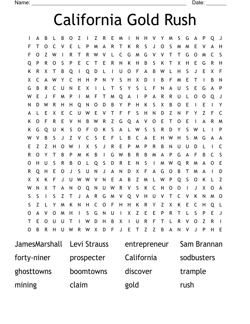 California Gold Rush Word Search WordMint