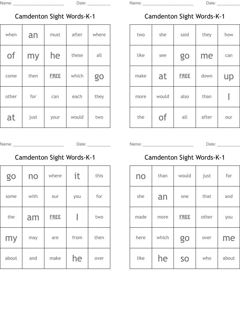 Camdenton Sight Words-K-1 Bingo Cards