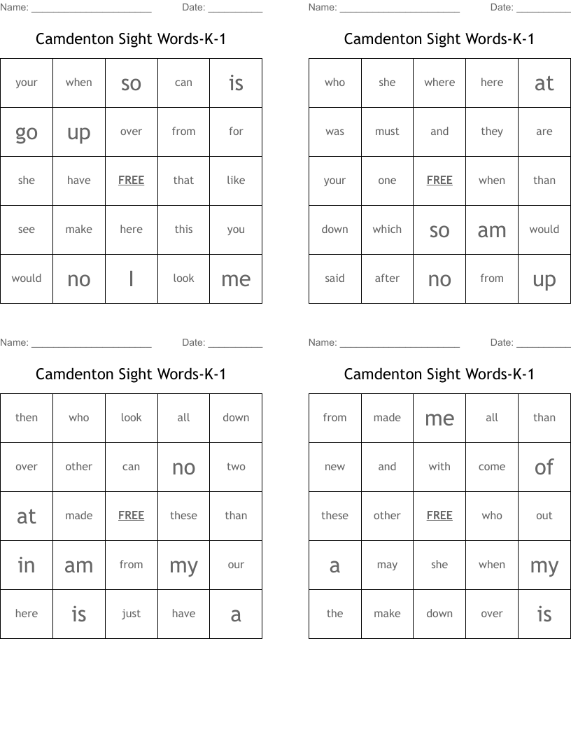 Camdenton Sight Words-K-1 Bingo Cards