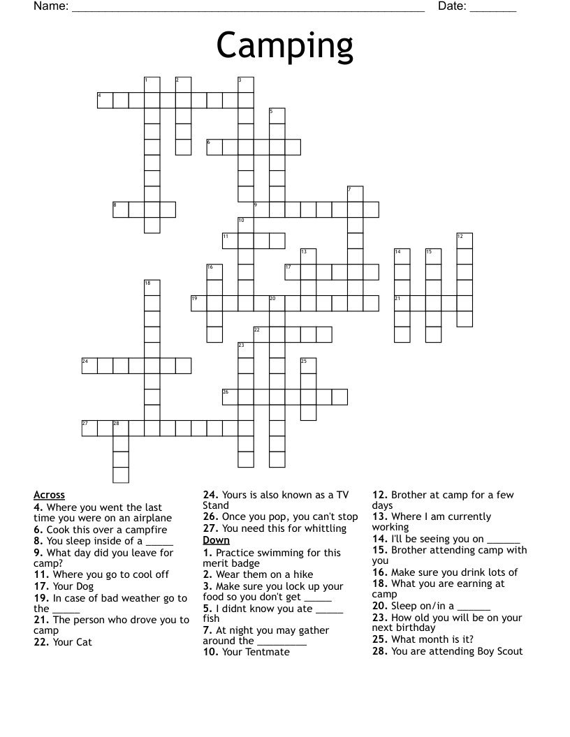 Camping Crossword Puzzle Printable