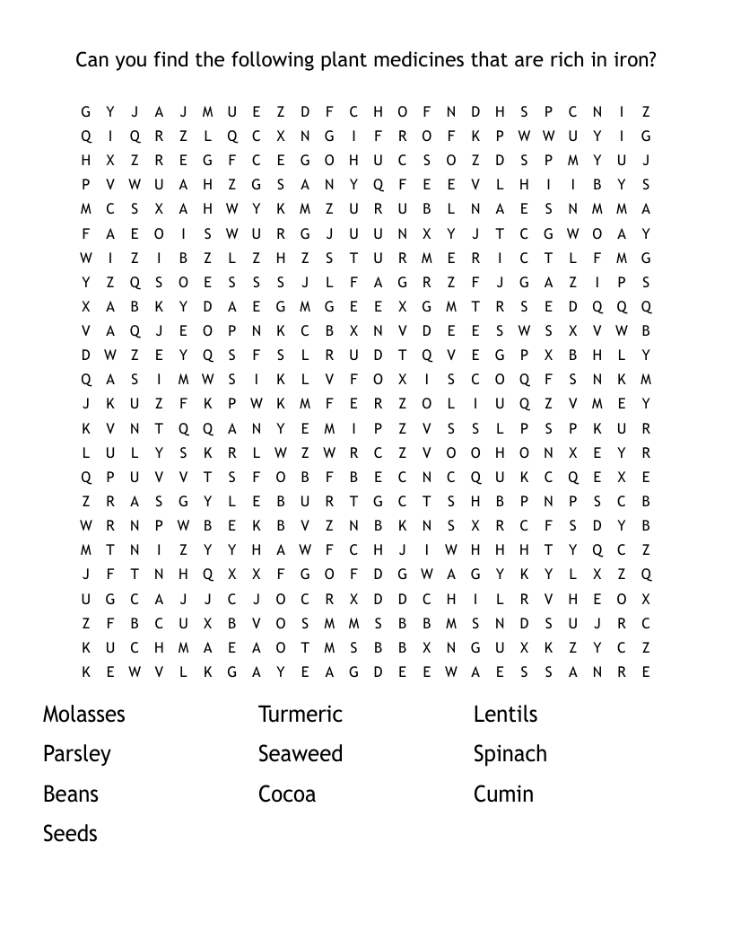 Can you find the following plant medicines that are rich in iron? Word Search
