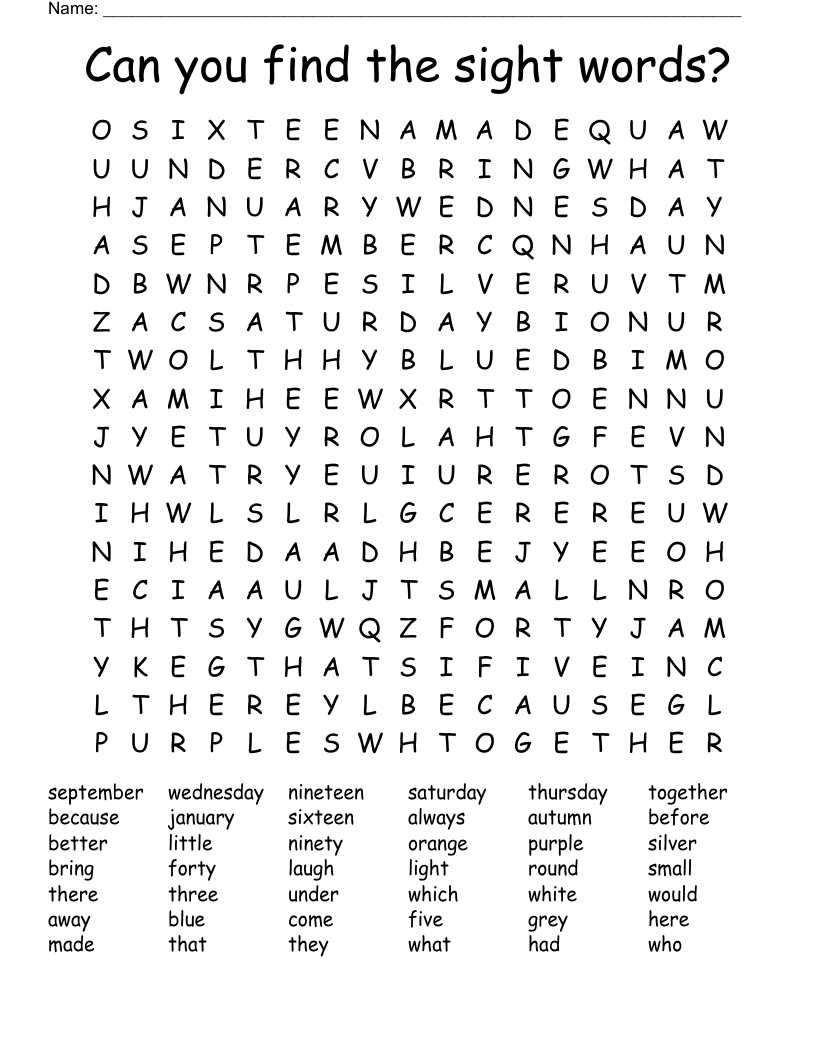 Can you find the sight words? Word Search