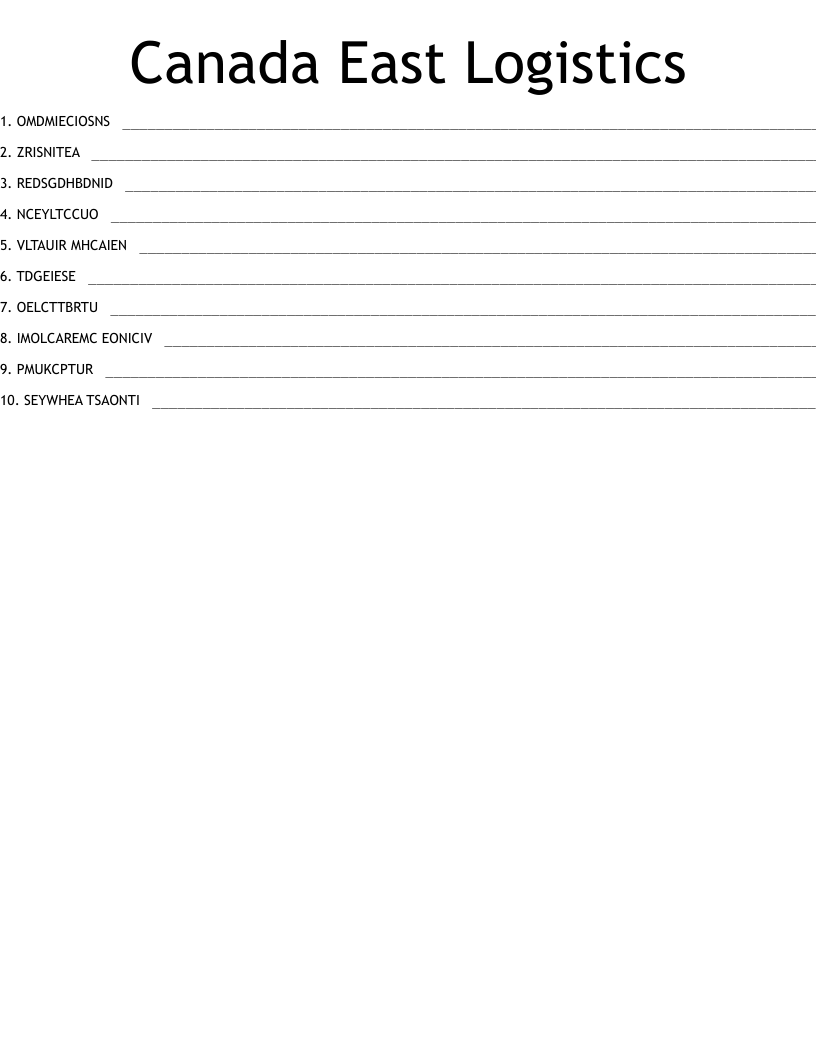 Canada East Logistics Word Scramble