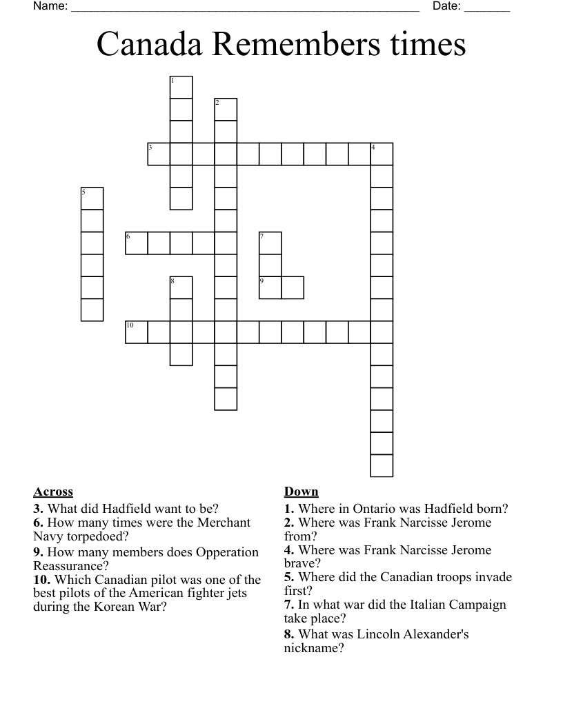 Canada Remembers times Crossword