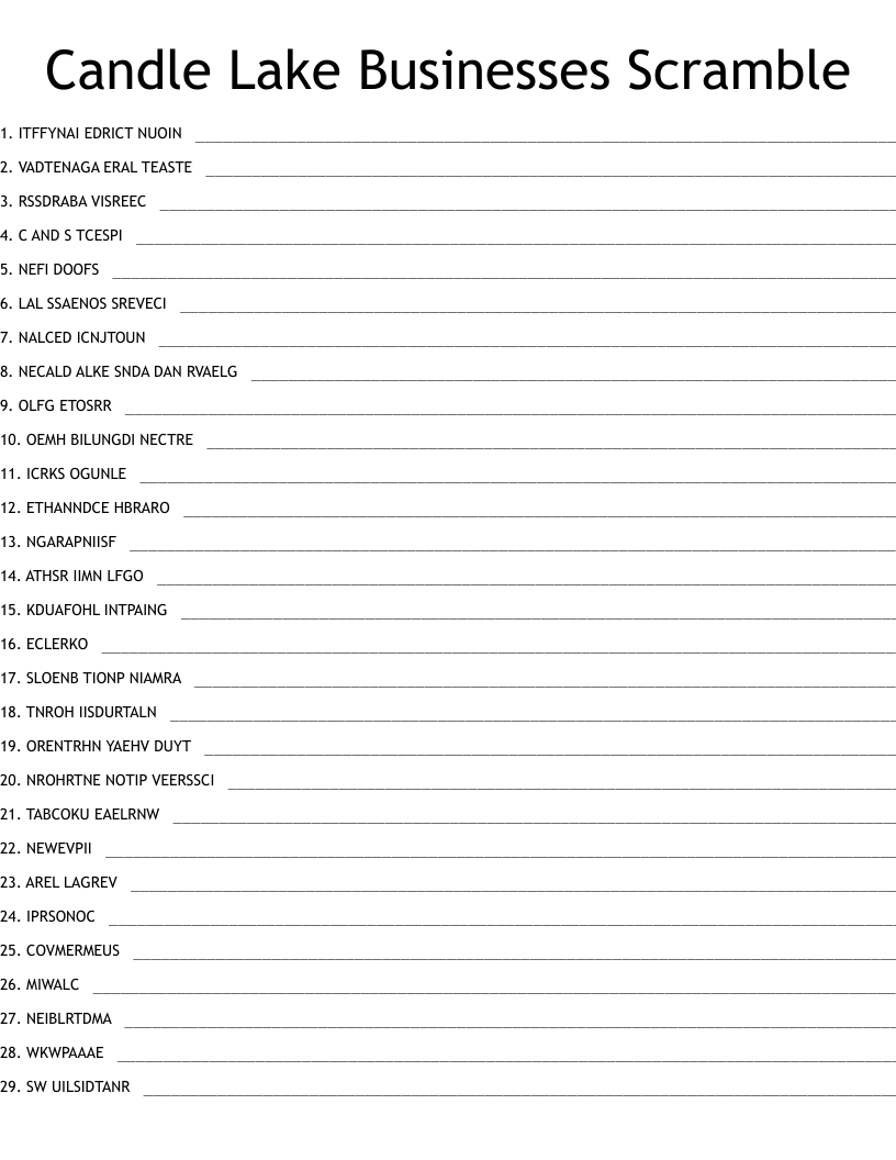 Candle Lake Businesses Scramble WordMint