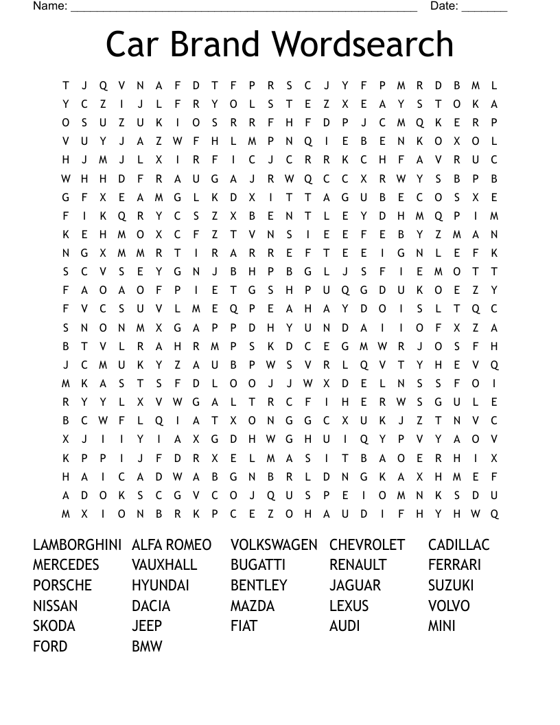 Car Brand Wordsearch WordMint