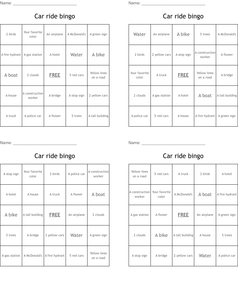 Car Ride Bingo WordMint