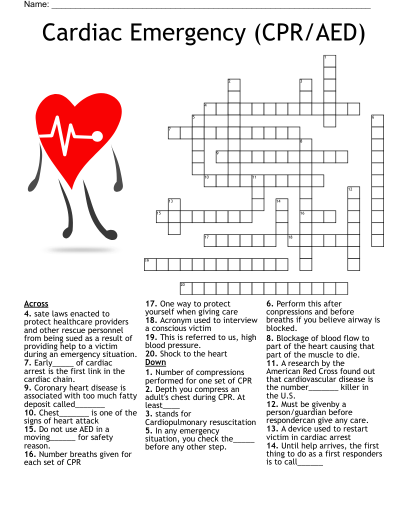 CPR First Aid AED Crossword Puzzle WordMint