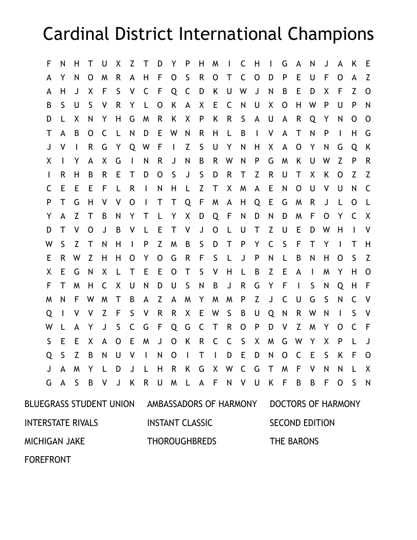 Cardinal District International Champions Word Search