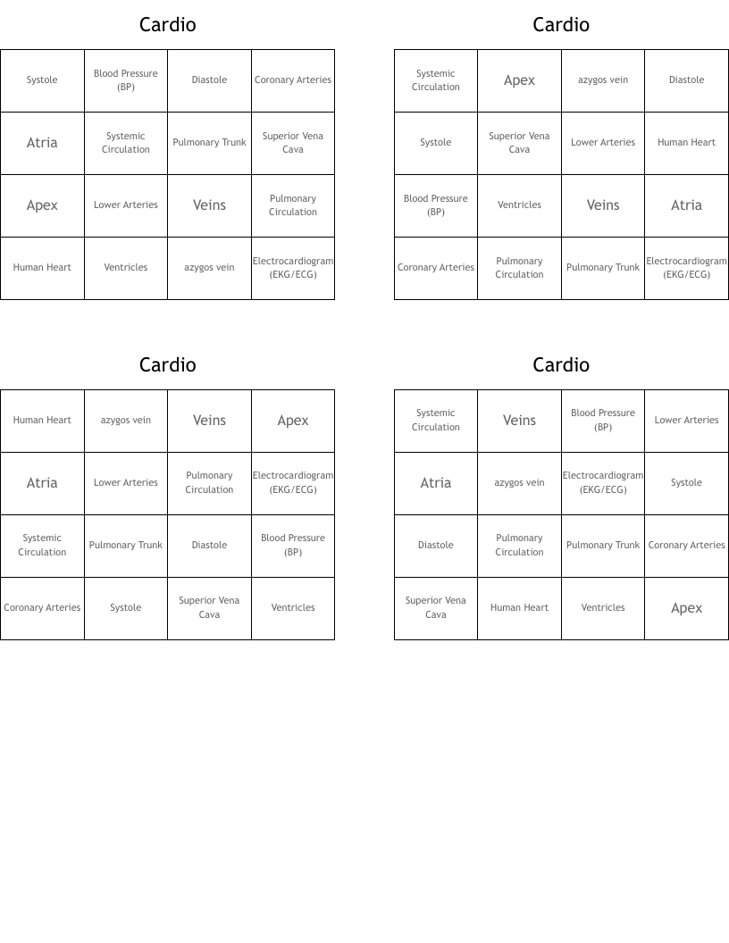 Cardio Bingo Cards
