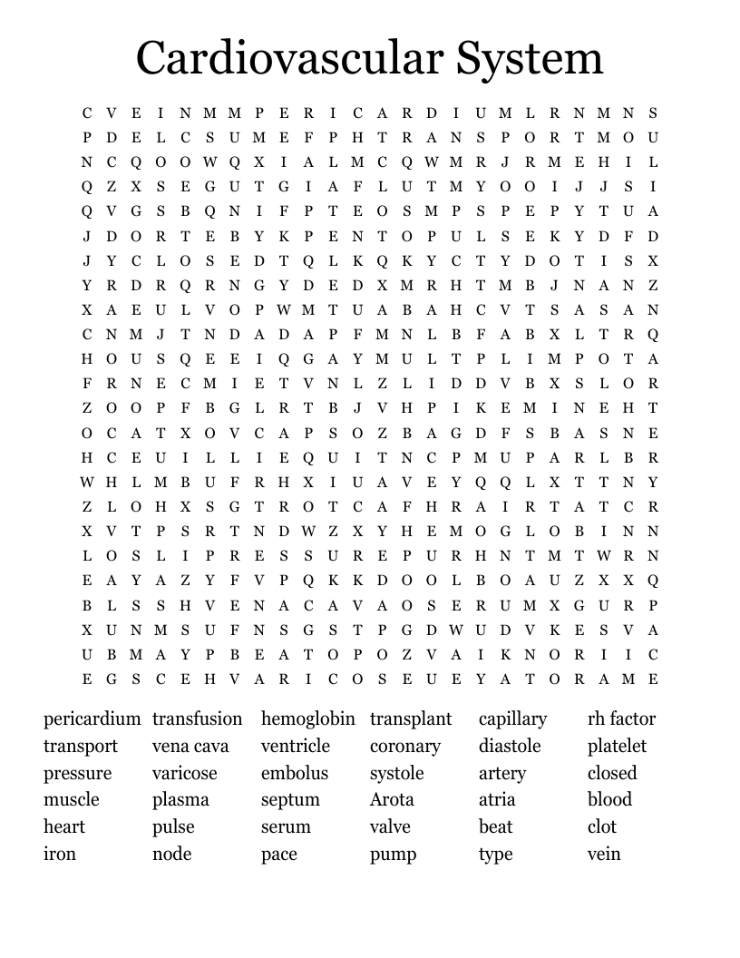 The Cardiovascular System Word Search WordMint