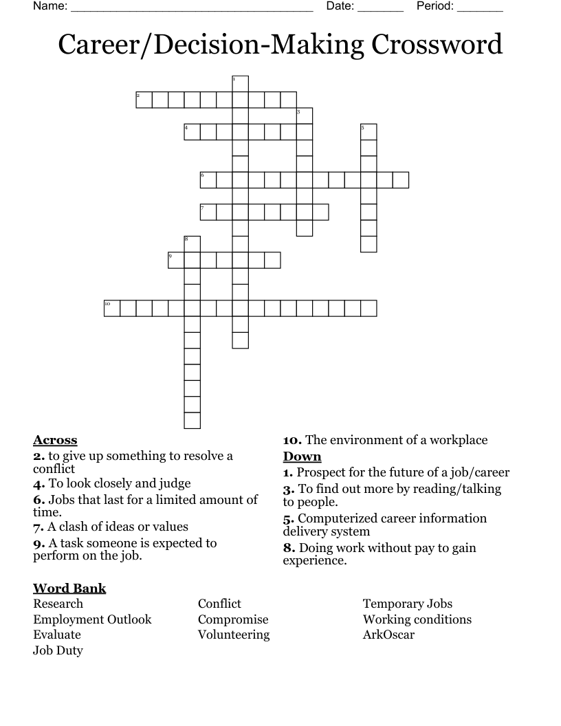 Career Decision Making Crossword WordMint