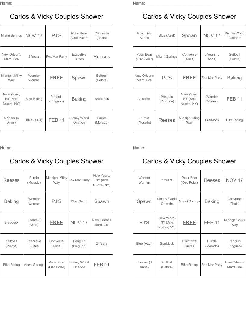 Carlos & Vicky Couples Shower Bingo Cards