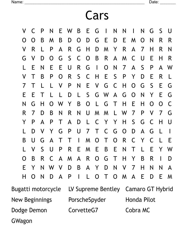 Cars Word Search WordMint