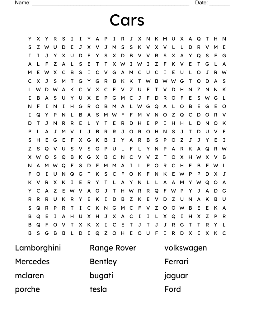 Cars Word Search WordMint