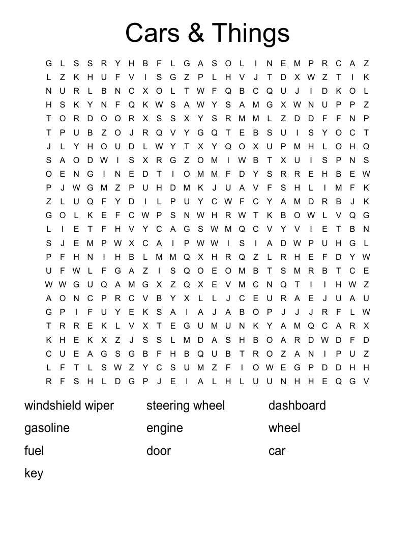 Cars & Things Word Search WordMint