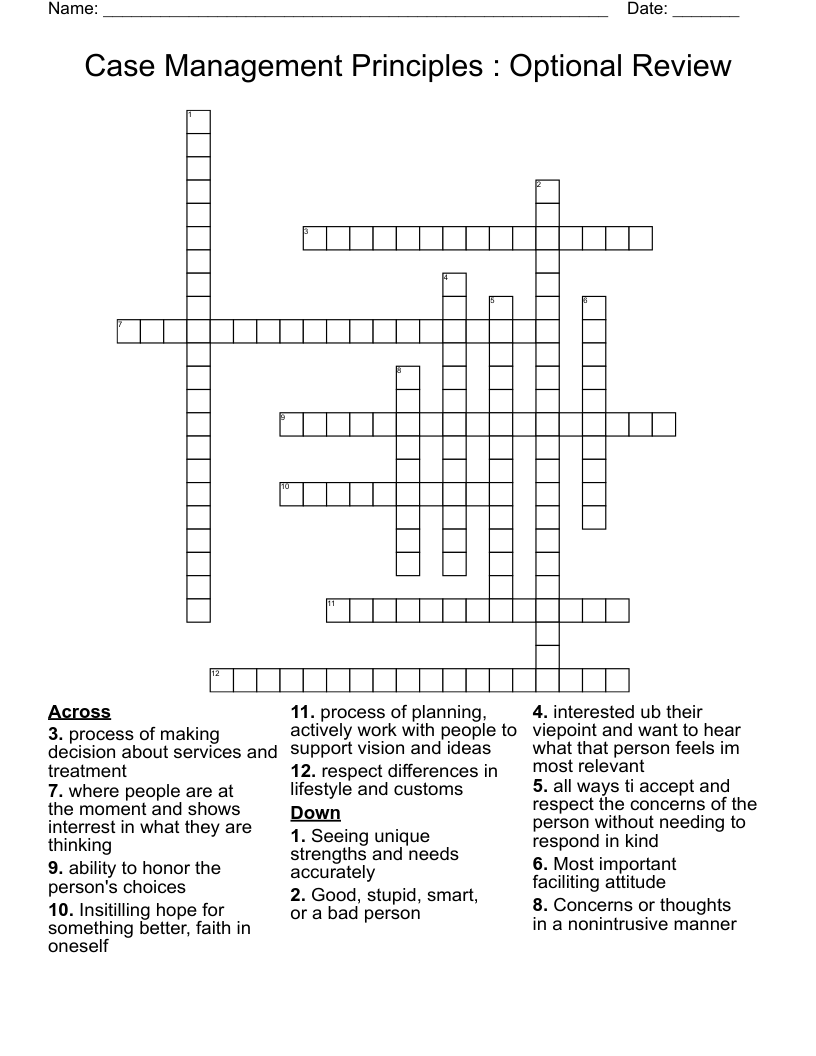 Case Management Principles Optional Review Crossword WordMint