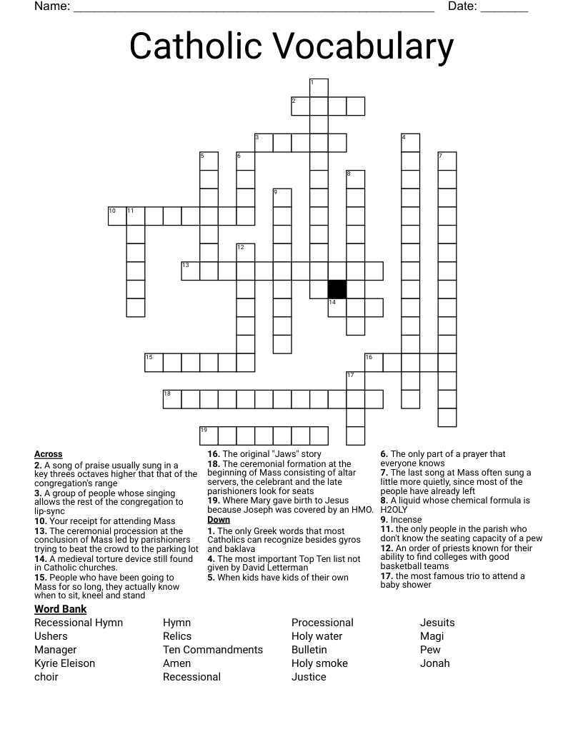 Catholic Vocabulary Crossword WordMint