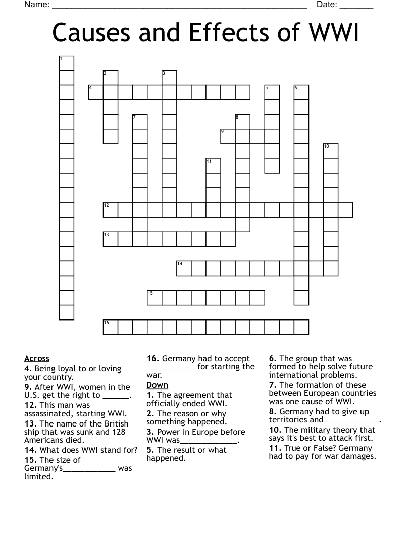 Causes and Effects of WWI Crossword