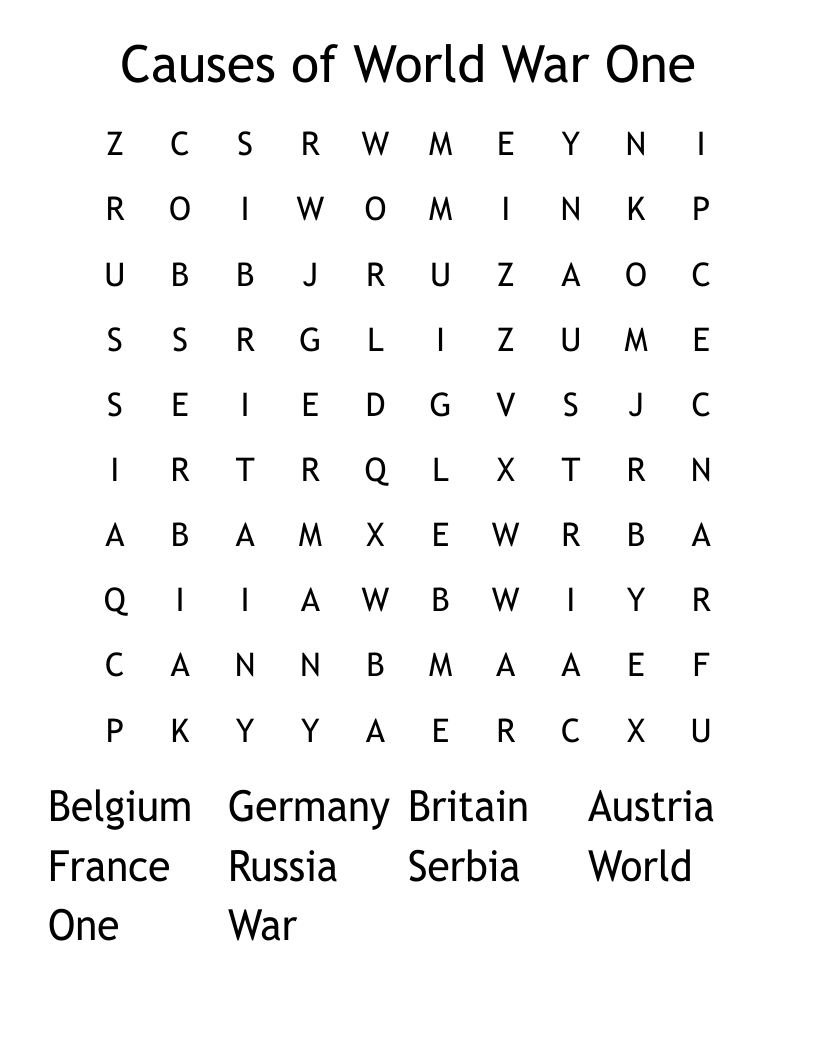 Causes Of World War One Word Search WordMint